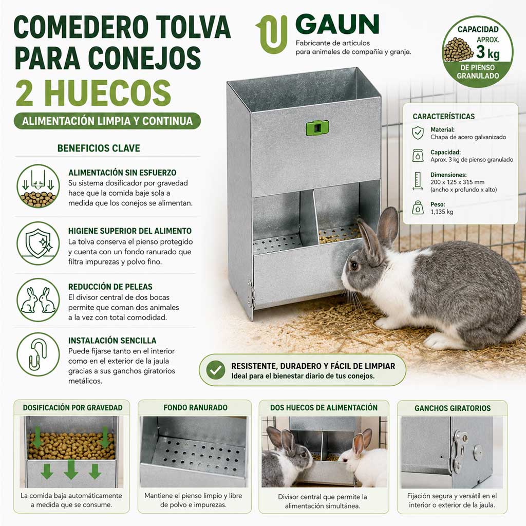 Detalle frontal tolva de conejos de 2 bocas para jaulas