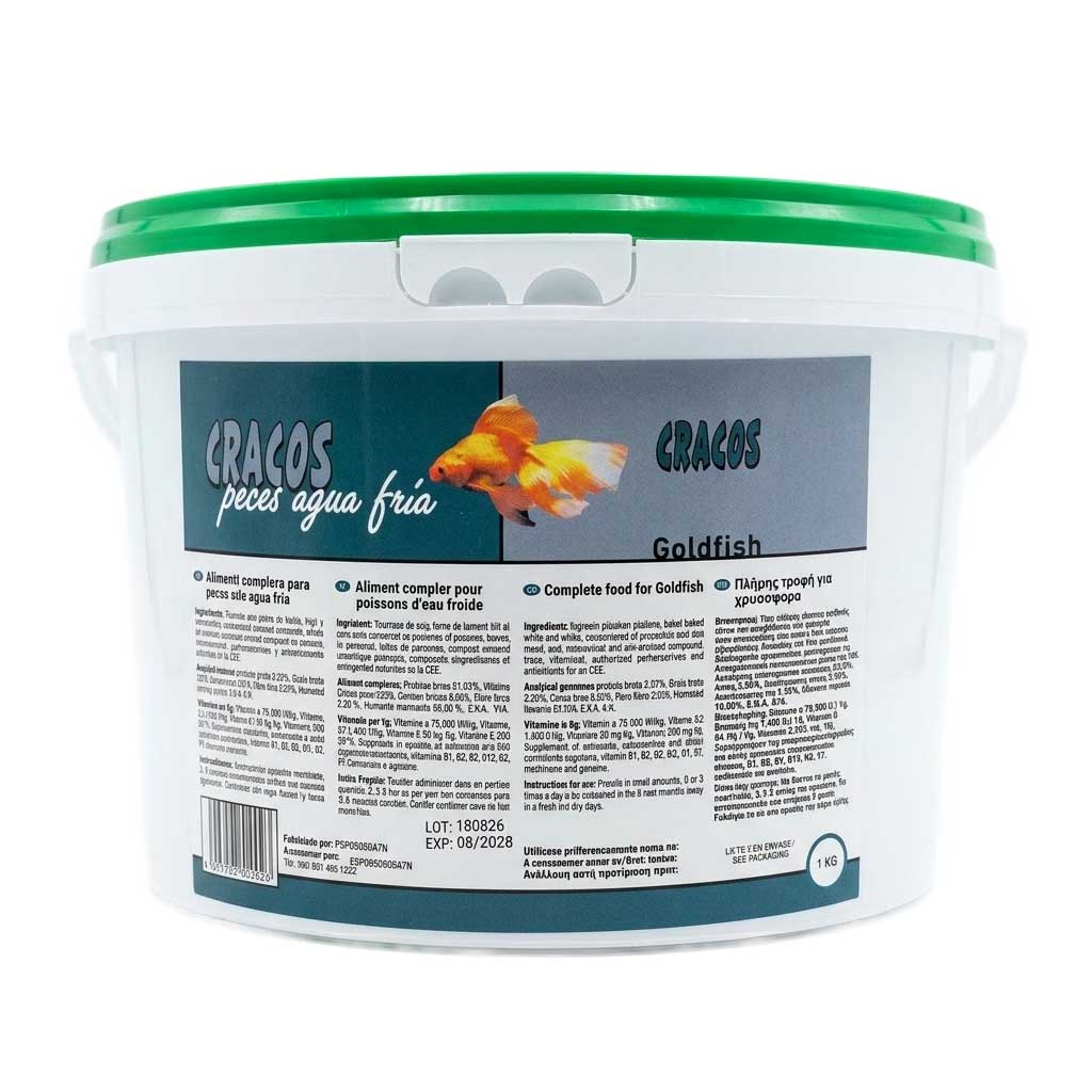 Cubo de 1 kg de comida en escamas para goldfish CRACOS peces agua fría