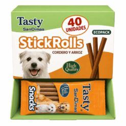 Caja expositora Ecopack de 40 unidades de stickrolls cordero y arroz Tasty SanDimas para perros